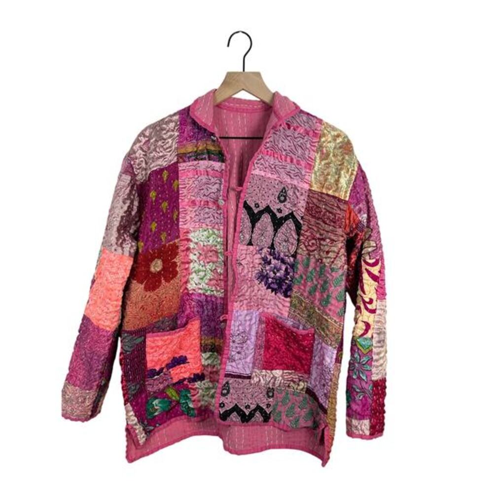 Vintage Patchwork Jacket‎ Sz M Pink Quilted Boho Fairycore Cottagecore eclectic